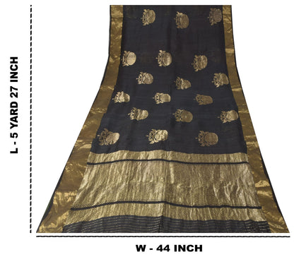 Sanskriti Vintage Black Pure Silk Saree Golden Zari Woven Sari 5.5 Craft Fabric