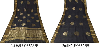 Sanskriti Vintage Black Pure Silk Saree Golden Zari Woven Sari 5.5 Craft Fabric