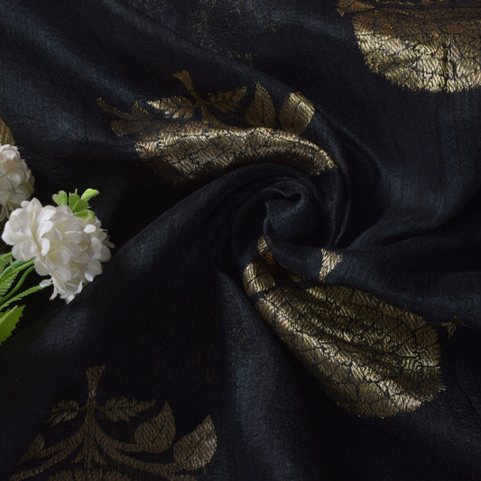 Sanskriti Vintage Black Pure Silk Saree Golden Zari Woven Sari 5.5 Craft Fabric