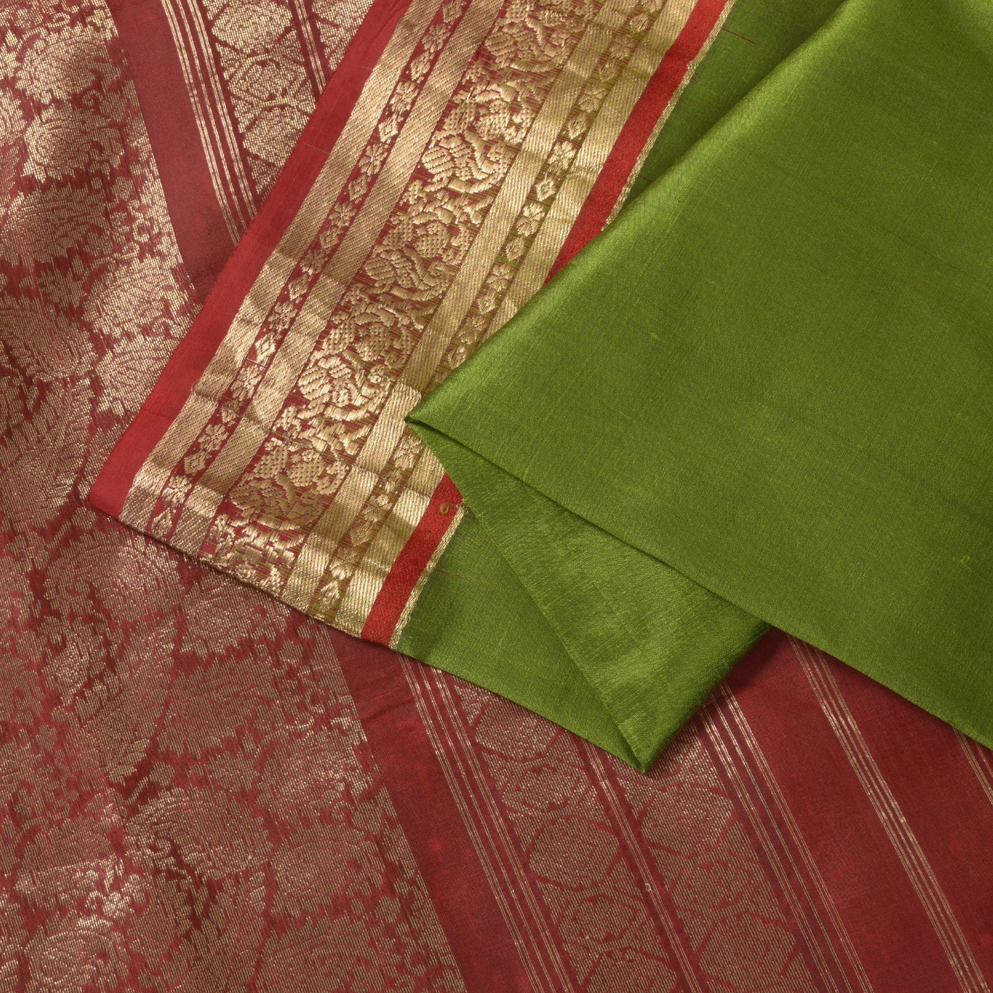 Sanskriti Vintage Green-Red Pure Silk Saree Brocade Zari Hand Woven Sari 5.5 YD