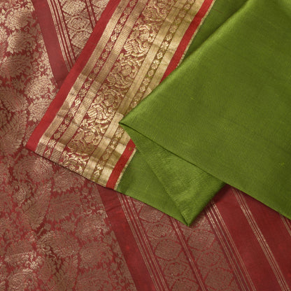 Sanskriti Vintage Green-Red Pure Silk Saree Brocade Zari Hand Woven Sari 5.5 YD