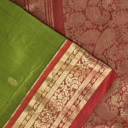 Sanskriti Vintage Green-Red Pure Silk Saree Brocade Zari Hand Woven Sari 5.5 YD