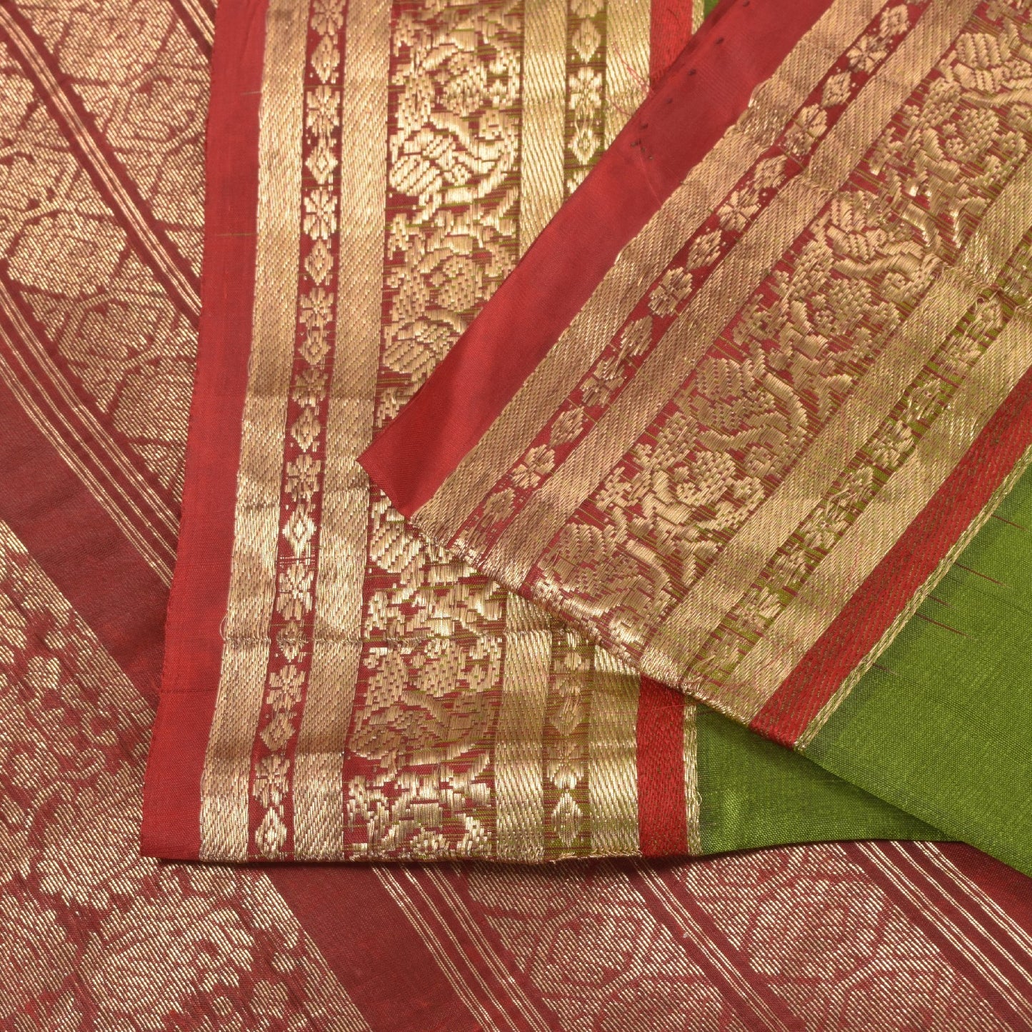 Sanskriti Vintage Green-Red Pure Silk Saree Brocade Zari Hand Woven Sari 5.5 YD