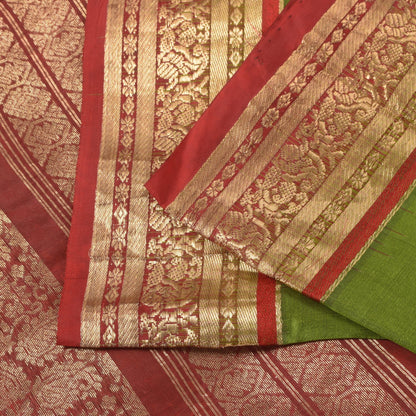 Sanskriti Vintage Green-Red Pure Silk Saree Brocade Zari Hand Woven Sari 5.5 YD