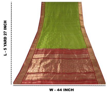 Sanskriti Vintage Green-Red Pure Silk Saree Brocade Zari Hand Woven Sari 5.5 YD