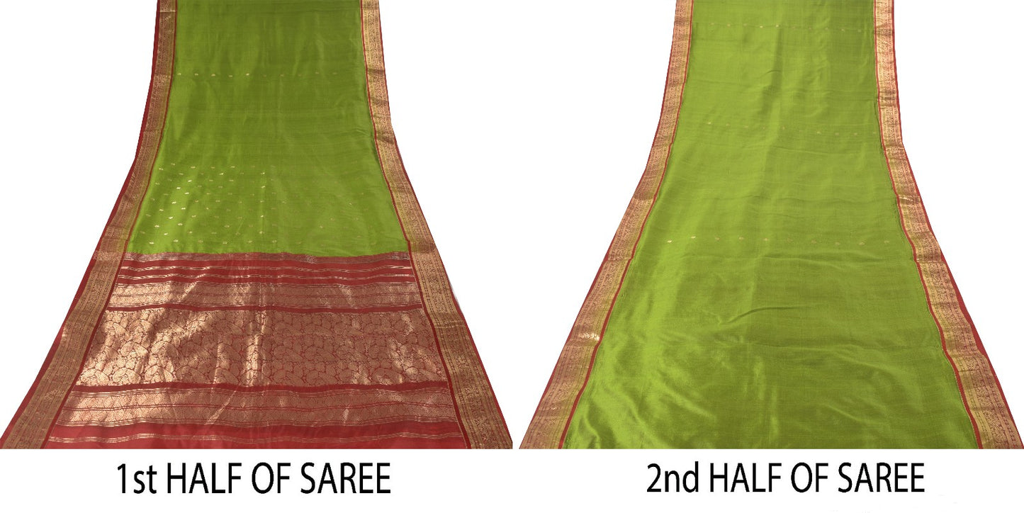 Sanskriti Vintage Green-Red Pure Silk Saree Brocade Zari Hand Woven Sari 5.5 YD