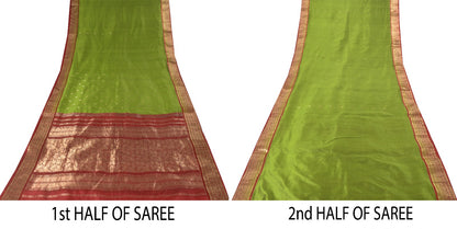 Sanskriti Vintage Green-Red Pure Silk Saree Brocade Zari Hand Woven Sari 5.5 YD