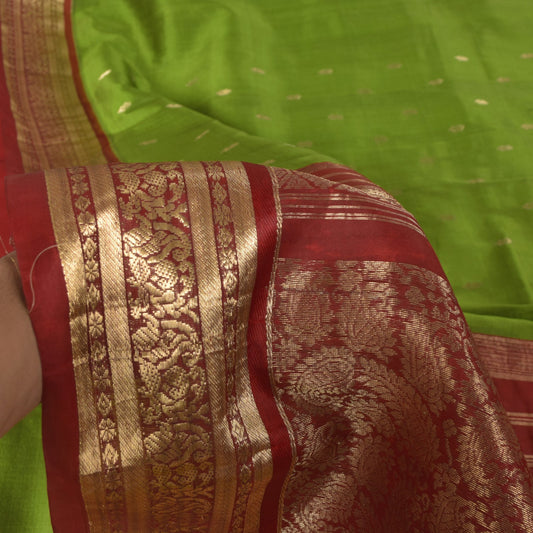 Sanskriti Vintage Green-Red Pure Silk Saree Brocade Zari Hand Woven Sari 5.5 YD