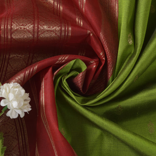 Sanskriti Vintage Green-Red Pure Silk Saree Brocade Zari Hand Woven Sari 5.5 YD