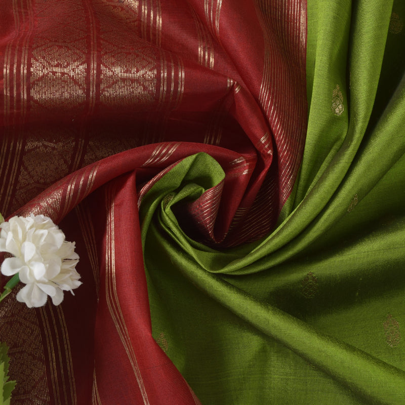 Sanskriti Vintage Green-Red Pure Silk Saree Brocade Zari Hand Woven Sari 5.5 YD