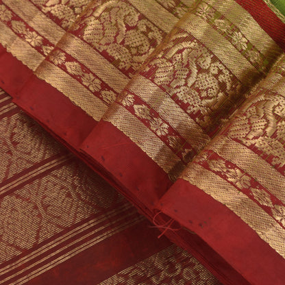 Sanskriti Vintage Green-Red Pure Silk Saree Brocade Zari Hand Woven Sari 5.5 YD