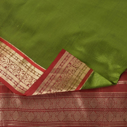 Sanskriti Vintage Green-Red Pure Silk Saree Brocade Zari Hand Woven Sari 5.5 YD