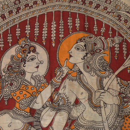 Sanskriti Vintage Cream-Red Pure Cotton Saree Hand Made Kalamkari Sari 6.5+YD