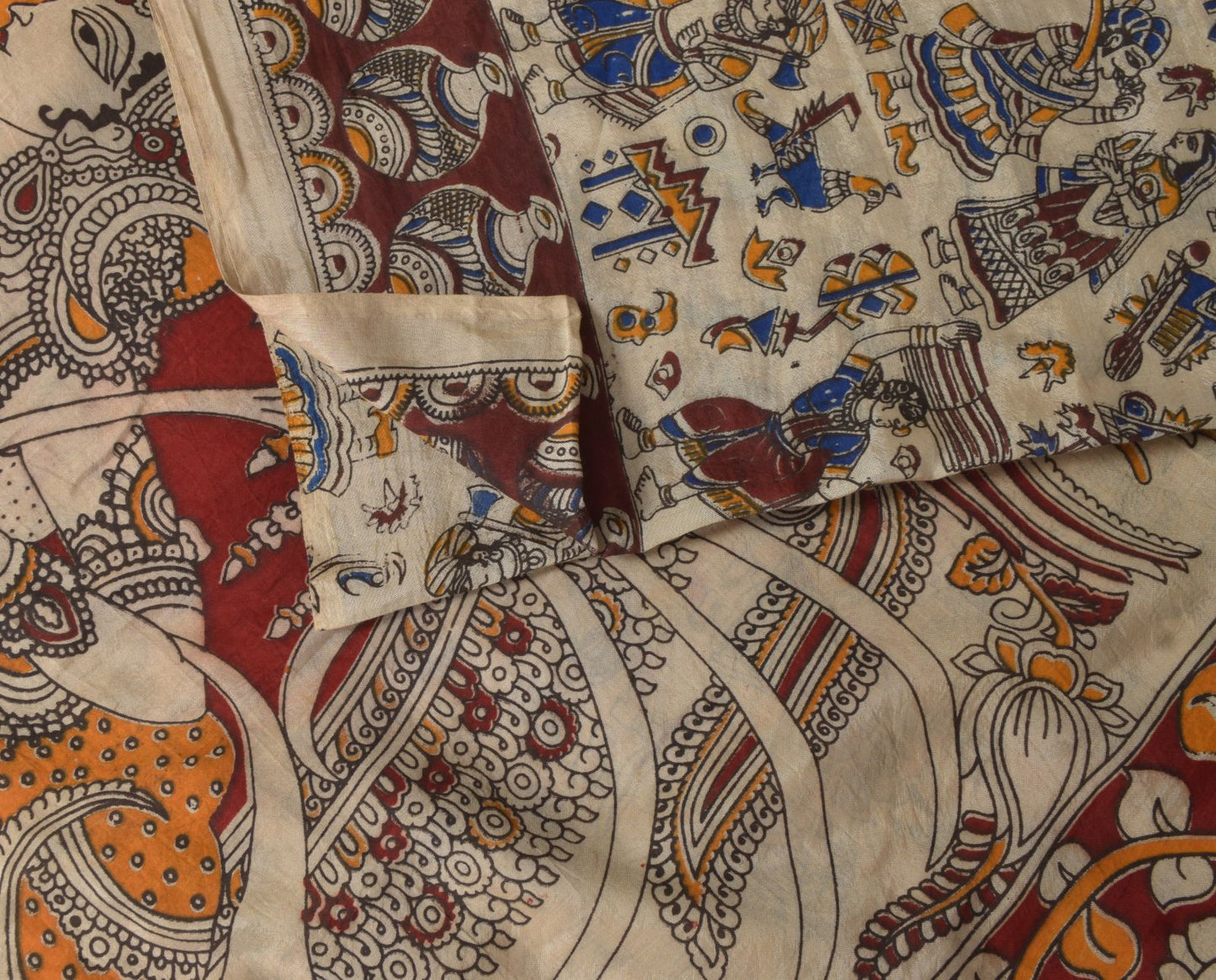 Sanskriti Vintage Cream-Red Pure Cotton Saree Hand Made Kalamkari Sari 6.5+YD