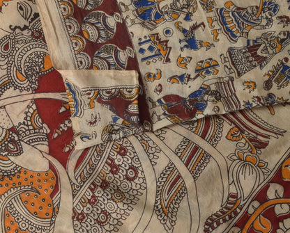 Sanskriti Vintage Cream-Red Pure Cotton Saree Hand Made Kalamkari Sari 6.5+YD