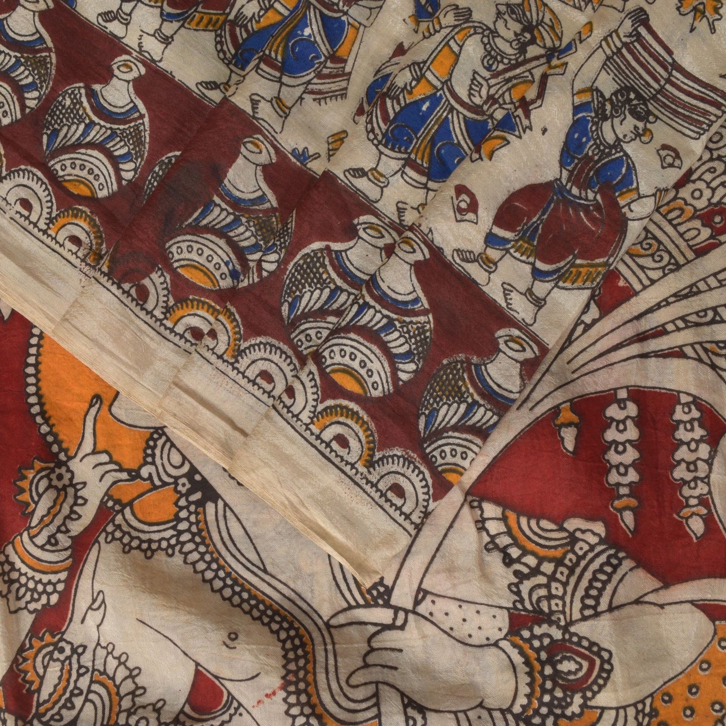 Sanskriti Vintage Cream-Red Pure Cotton Saree Hand Made Kalamkari Sari 6.5+YD