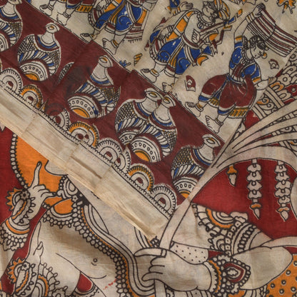 Sanskriti Vintage Cream-Red Pure Cotton Saree Hand Made Kalamkari Sari 6.5+YD