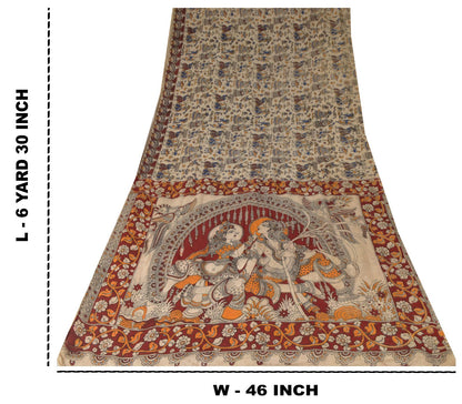 Sanskriti Vintage Cream-Red Pure Cotton Saree Hand Made Kalamkari Sari 6.5+YD