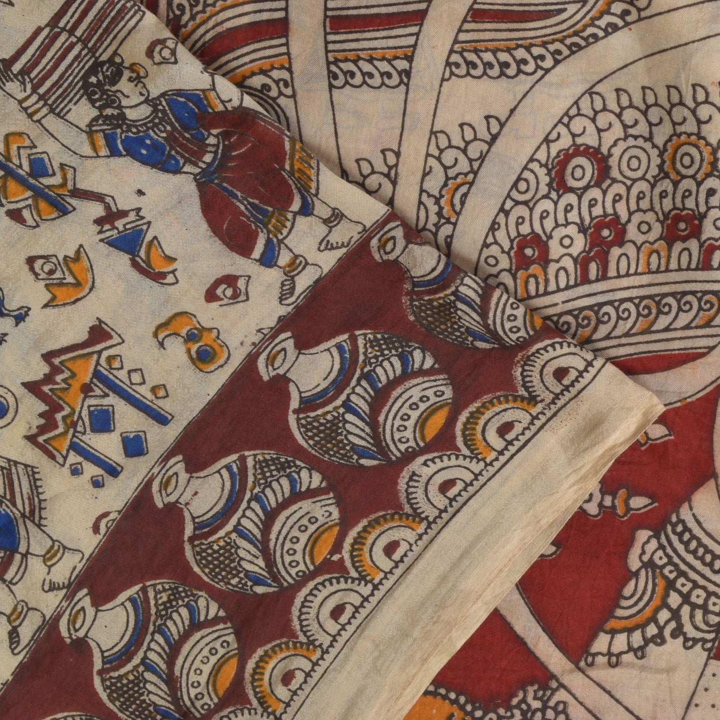 Sanskriti Vintage Cream-Red Pure Cotton Saree Hand Made Kalamkari Sari 6.5+YD