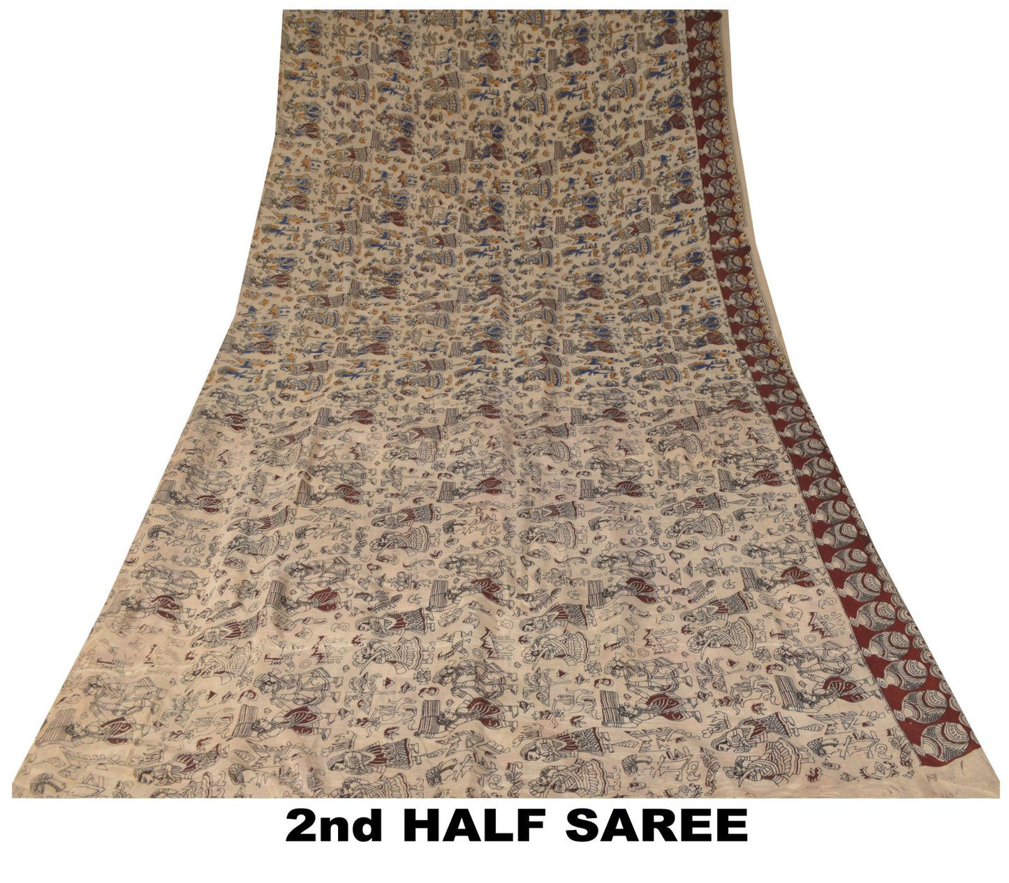 Sanskriti Vintage Cream-Red Pure Cotton Saree Hand Made Kalamkari Sari 6.5+YD