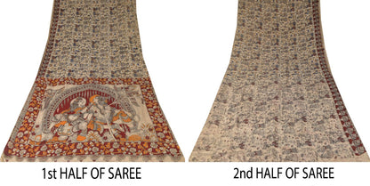 Sanskriti Vintage Cream-Red Pure Cotton Saree Hand Made Kalamkari Sari 6.5+YD