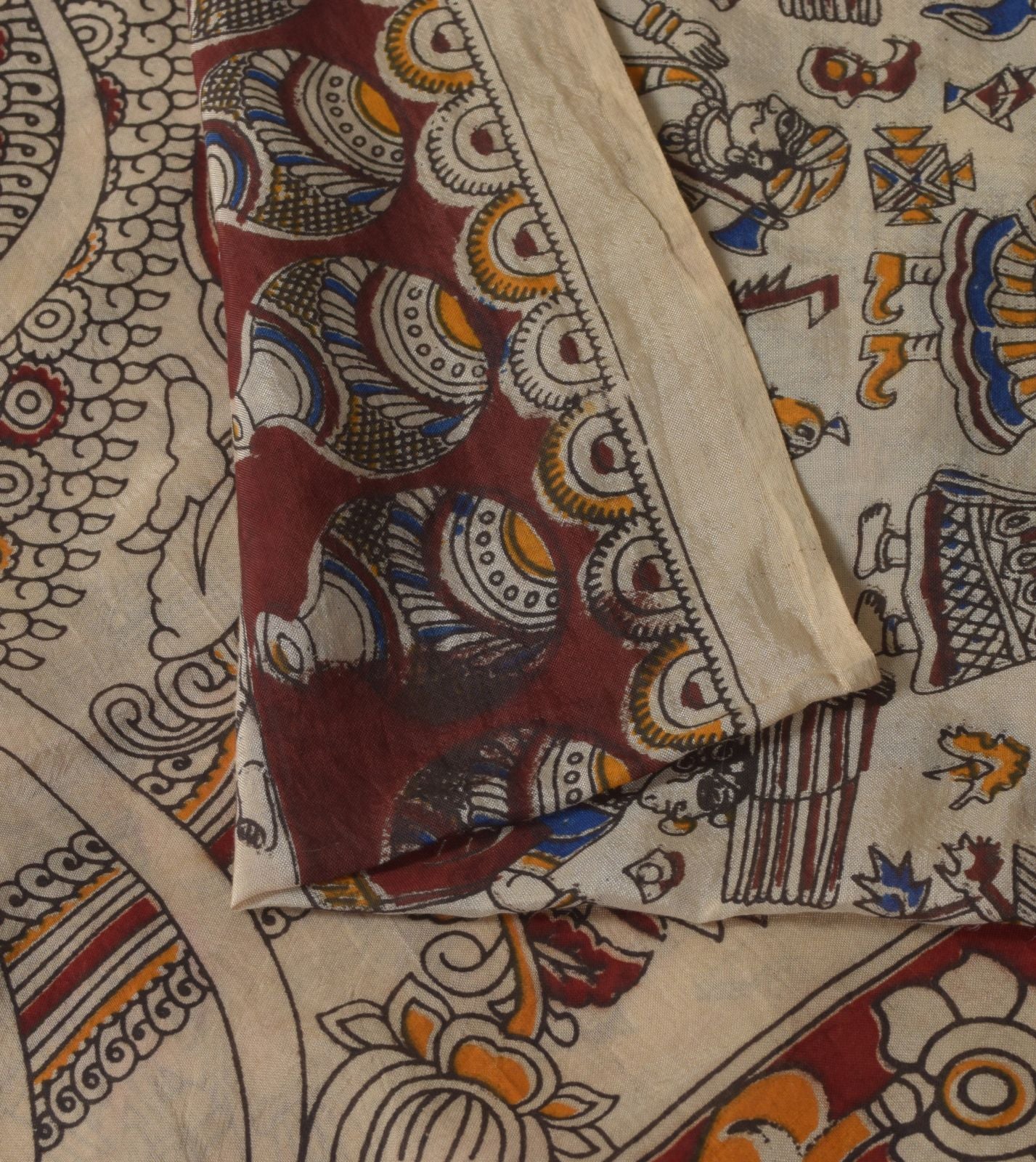 Sanskriti Vintage Cream-Red Pure Cotton Saree Hand Made Kalamkari Sari 6.5+YD