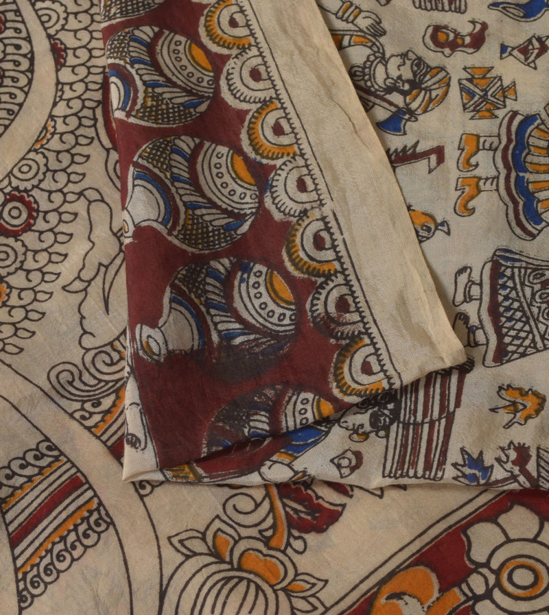 Sanskriti Vintage Cream-Red Pure Cotton Saree Hand Made Kalamkari Sari 6.5+YD
