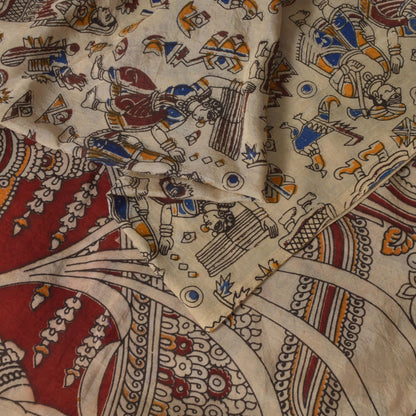 Sanskriti Vintage Cream-Red Pure Cotton Saree Hand Made Kalamkari Sari 6.5+YD