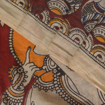 Sanskriti Vintage Cream-Red Pure Cotton Saree Hand Made Kalamkari Sari 6.5+YD