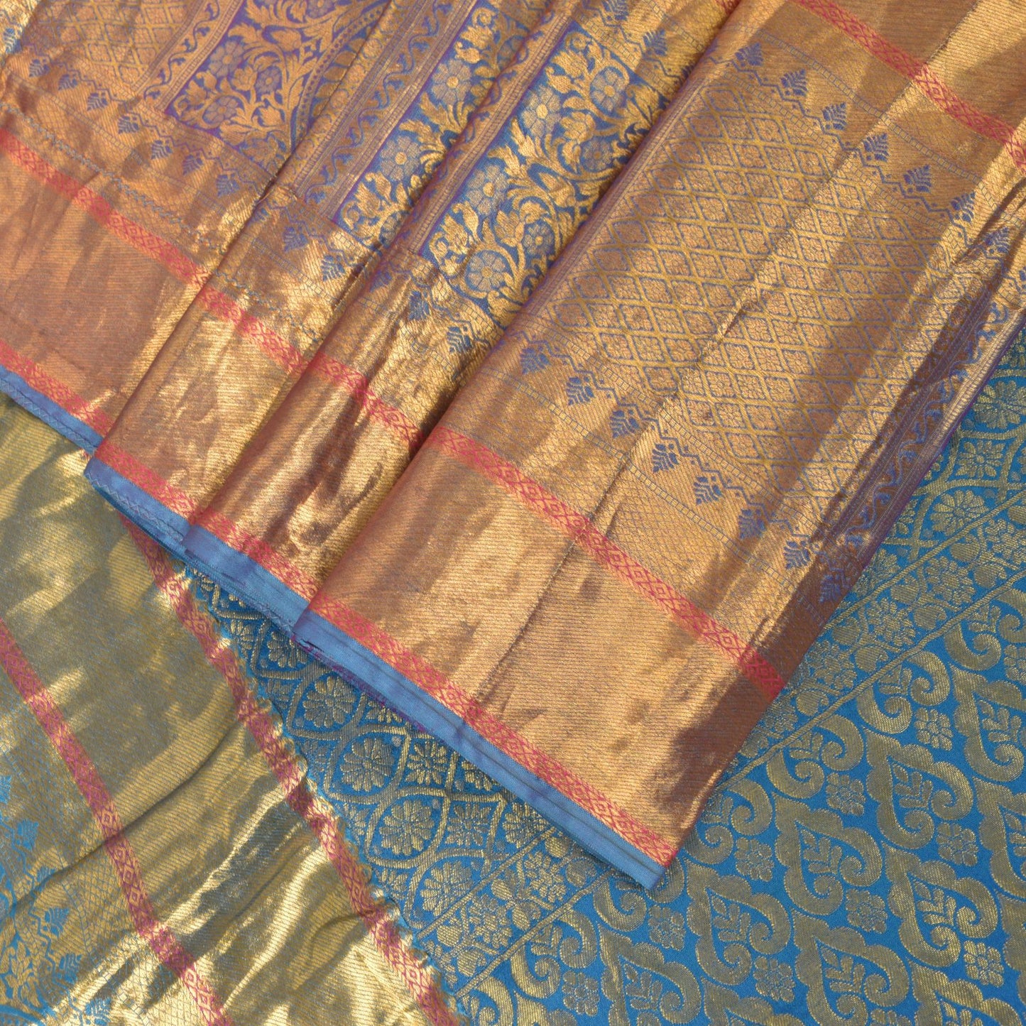 Sanskriti Vintage Soft Orange-Blue Art Silk Saree Kanchipuram Zari Handwoven 5.5