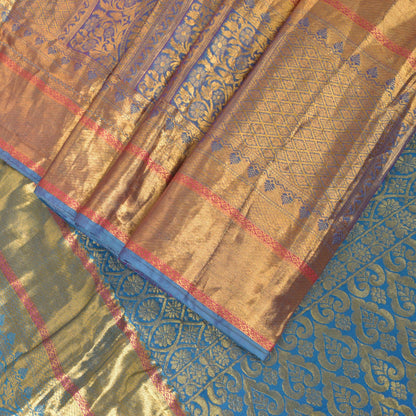 Sanskriti Vintage Soft Orange-Blue Art Silk Saree Kanchipuram Zari Handwoven 5.5