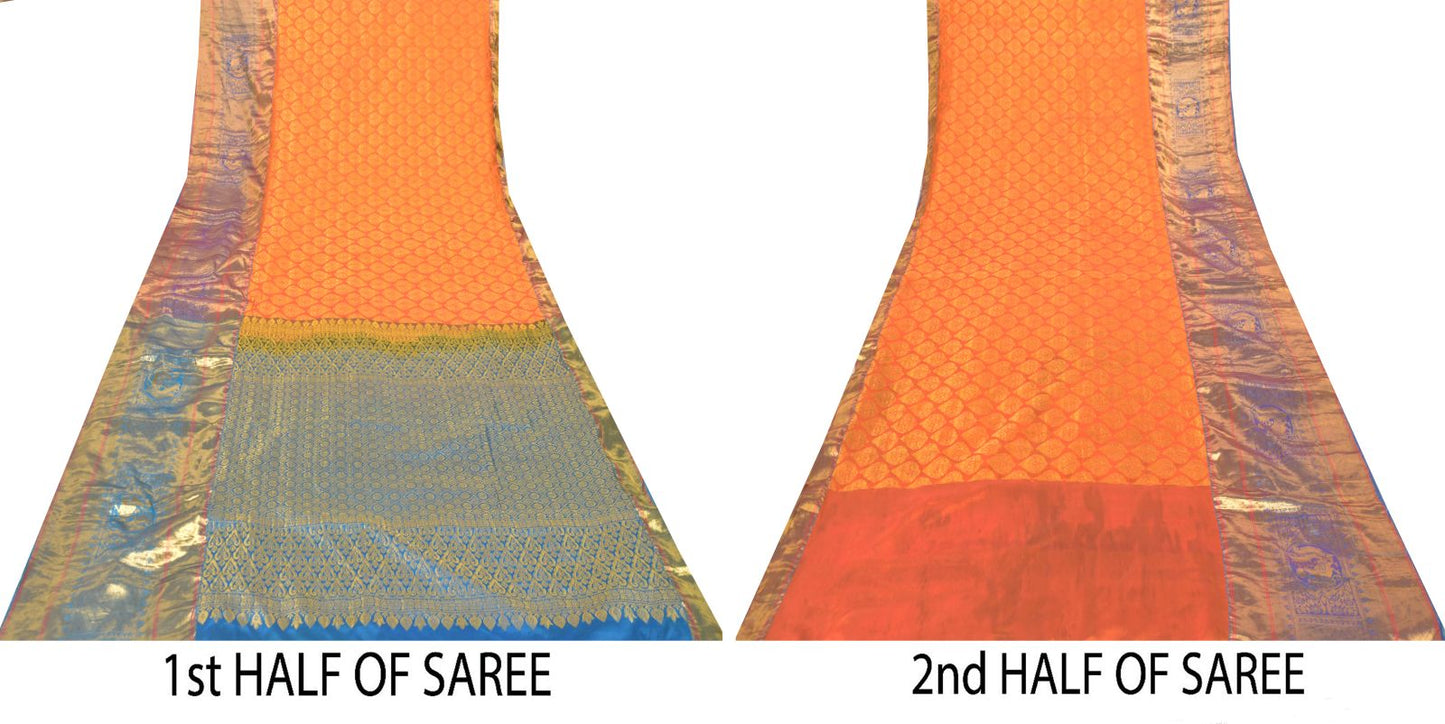Sanskriti Vintage Soft Orange-Blue Art Silk Saree Kanchipuram Zari Handwoven 5.5