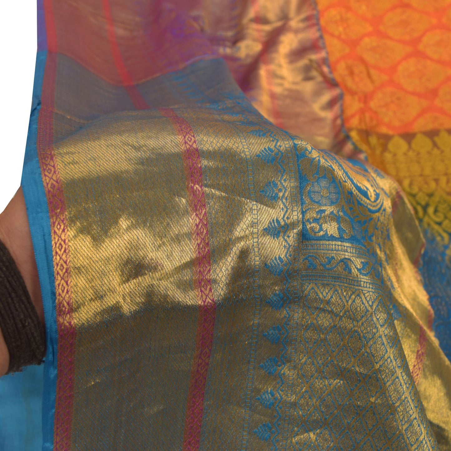Sanskriti Vintage Soft Orange-Blue Art Silk Saree Kanchipuram Zari Handwoven 5.5