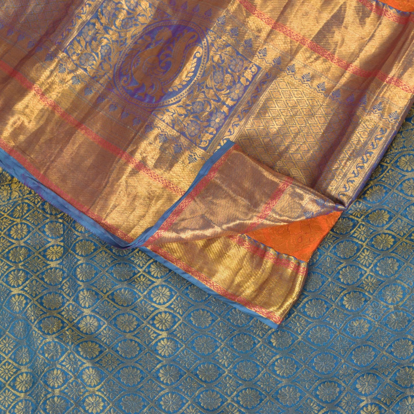 Sanskriti Vintage Soft Orange-Blue Art Silk Saree Kanchipuram Zari Handwoven 5.5