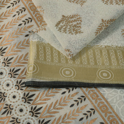 Sanskriti Vintage White Cotton Saree Foil Screen Print Zari Border Sari 5+YCraft