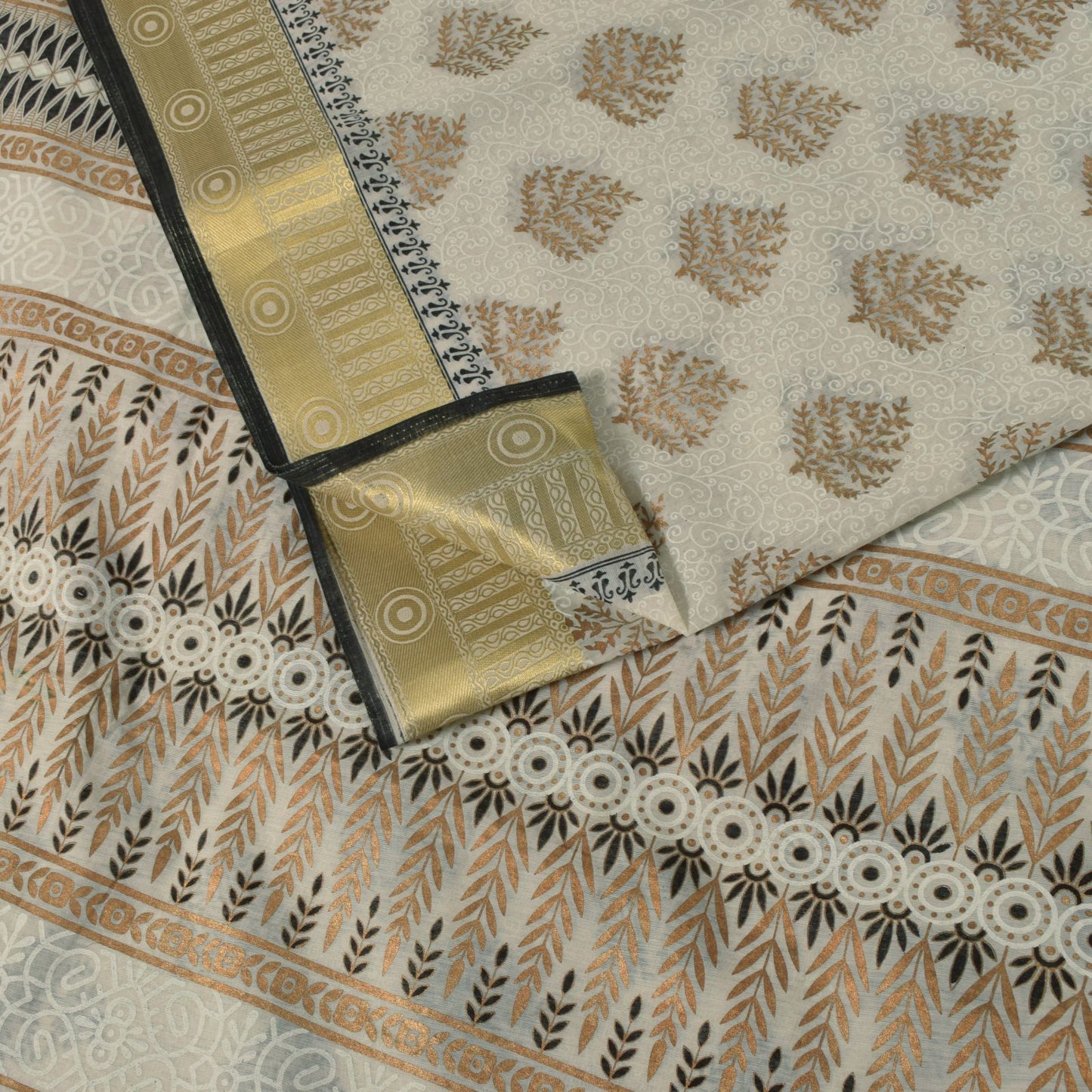 Sanskriti Vintage White Cotton Saree Foil Screen Print Zari Border Sari 5+YCraft