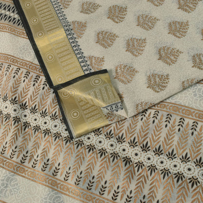 Sanskriti Vintage White Cotton Saree Foil Screen Print Zari Border Sari 5+YCraft
