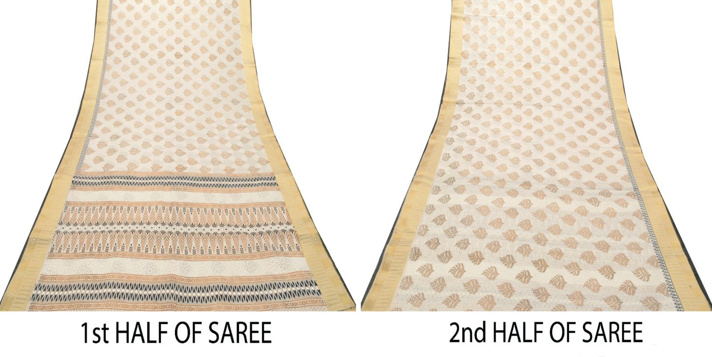 Sanskriti Vintage White Cotton Saree Foil Screen Print Zari Border Sari 5+YCraft