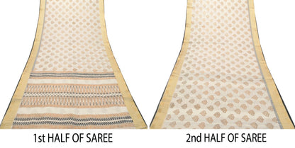 Sanskriti Vintage White Cotton Saree Foil Screen Print Zari Border Sari 5+YCraft