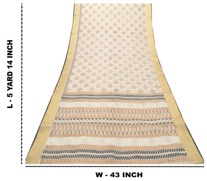 Sanskriti Vintage White Cotton Saree Foil Screen Print Zari Border Sari 5+YCraft