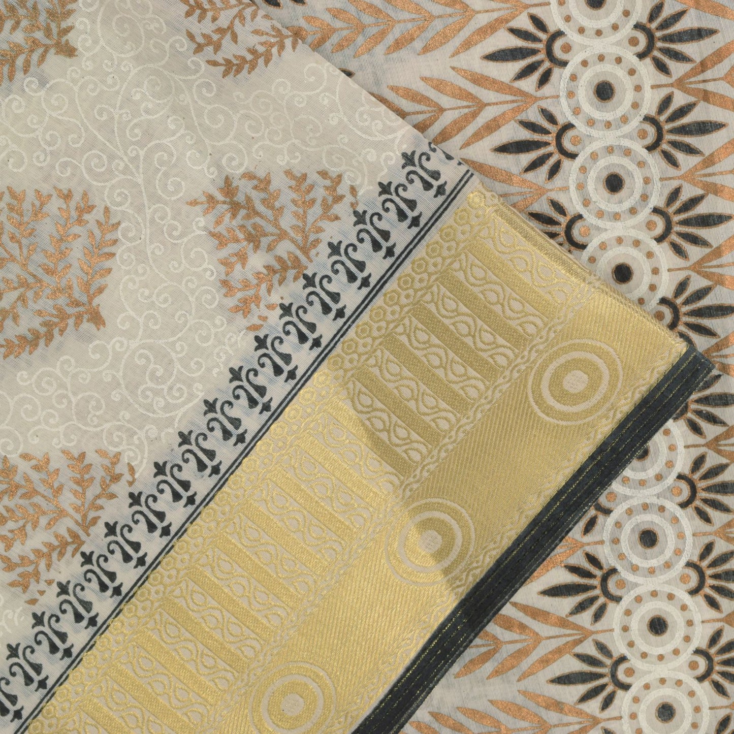 Sanskriti Vintage White Cotton Saree Foil Screen Print Zari Border Sari 5+YCraft