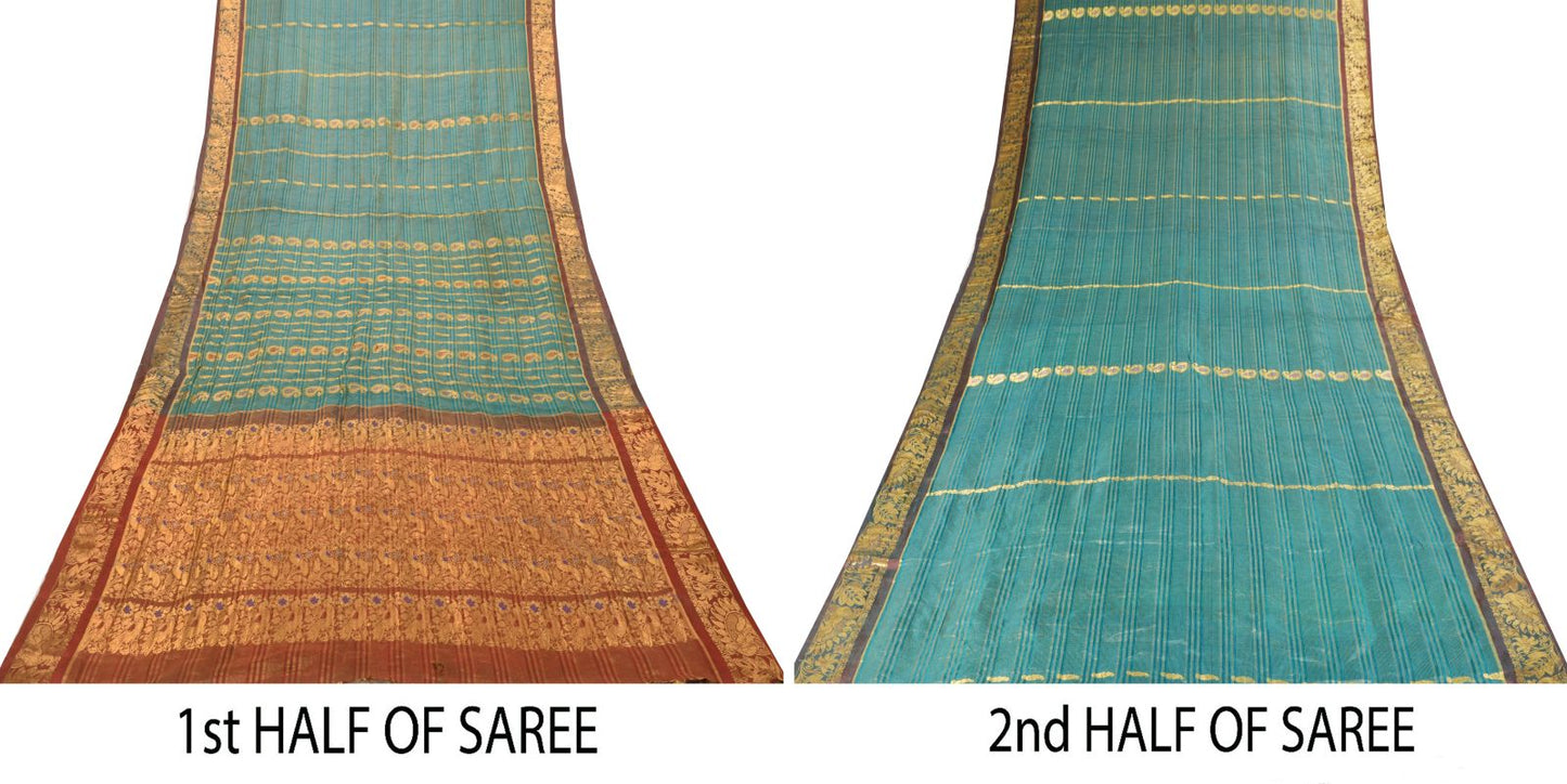 Sanskriti Vintage Green Pure Silk Saree Peacock KanjivaramWoven Sari 5.5YD Craft