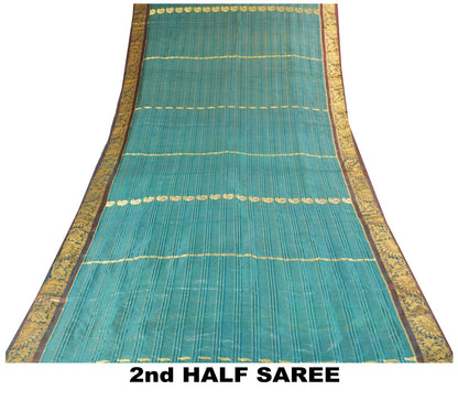 Sanskriti Vintage Green Pure Silk Saree Peacock KanjivaramWoven Sari 5.5YD Craft