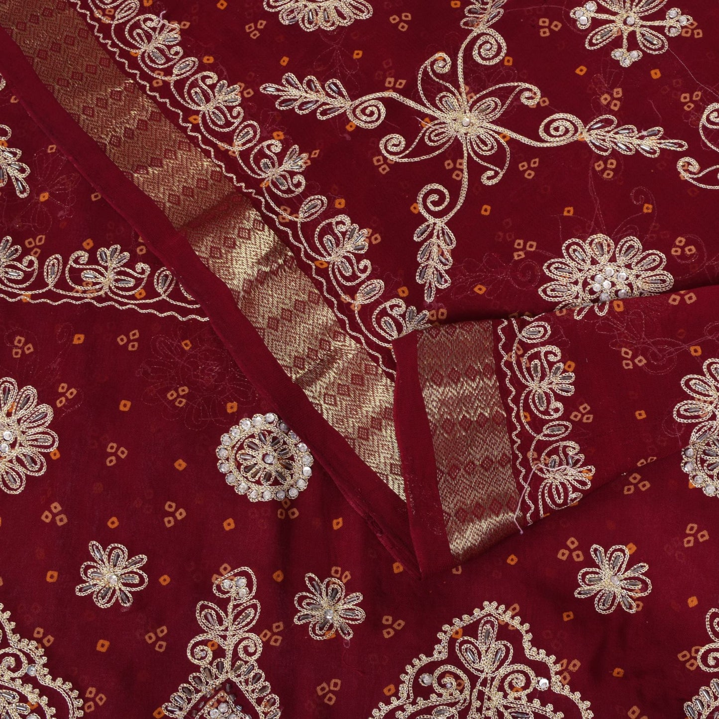 Sanskriti Vintage Red Pure Georgette Saree Hand Beaded Bandhani Sari 5.5YD Craft