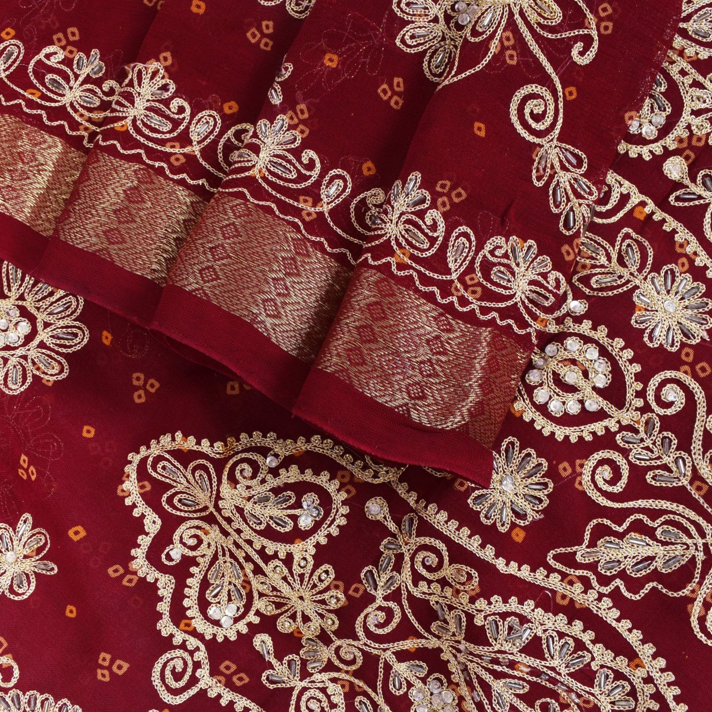 Sanskriti Vintage Red Pure Georgette Saree Hand Beaded Bandhani Sari 5.5YD Craft