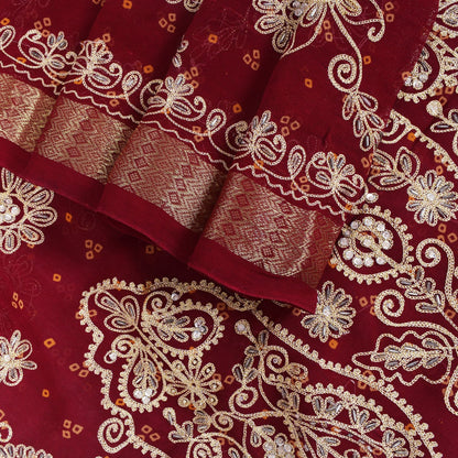 Sanskriti Vintage Red Pure Georgette Saree Hand Beaded Bandhani Sari 5.5YD Craft