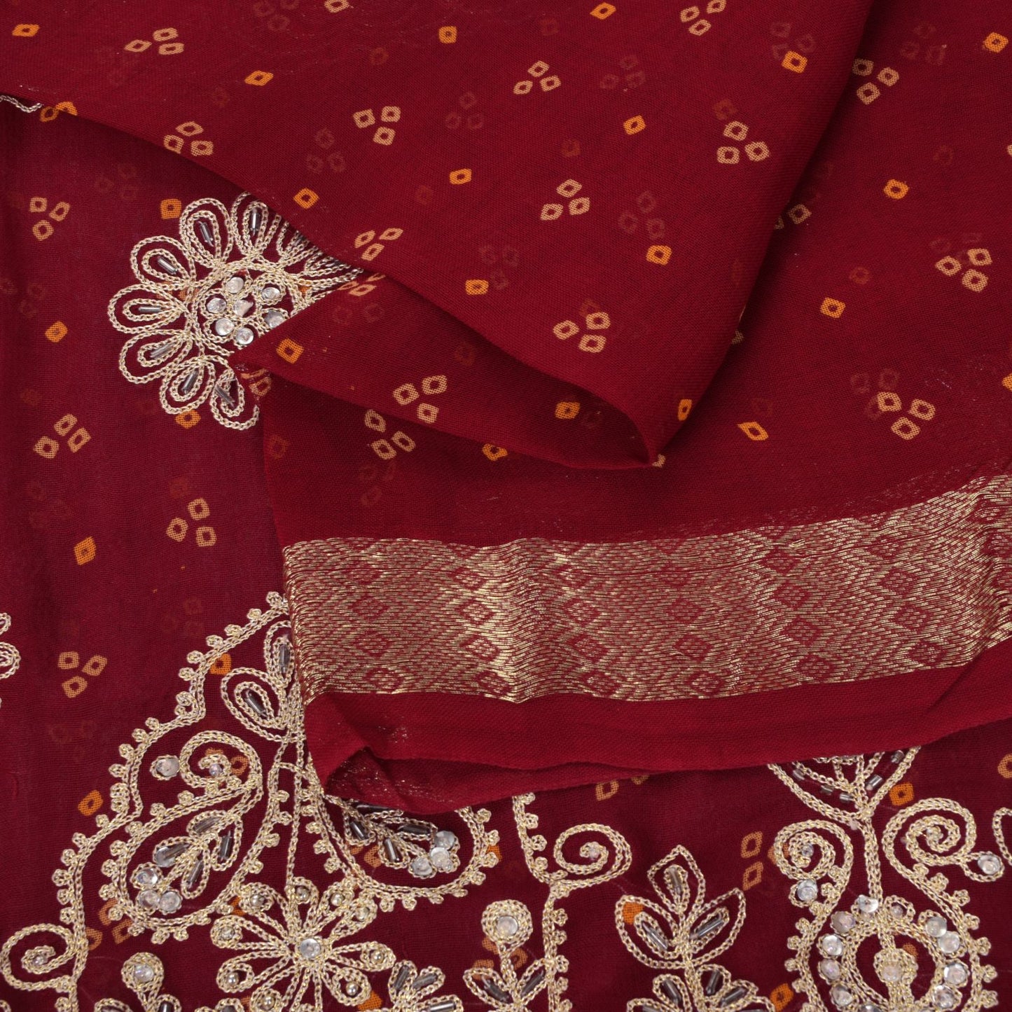 Sanskriti Vintage Red Pure Georgette Saree Hand Beaded Bandhani Sari 5.5YD Craft