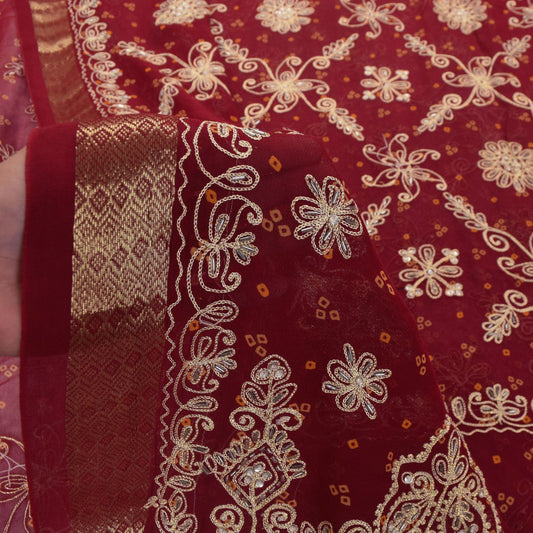Sanskriti Vintage Red Pure Georgette Saree Hand Beaded Bandhani Sari 5.5YD Craft