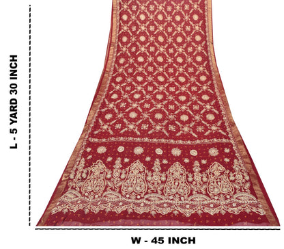 Sanskriti Vintage Red Pure Georgette Saree Hand Beaded Bandhani Sari 5.5YD Craft