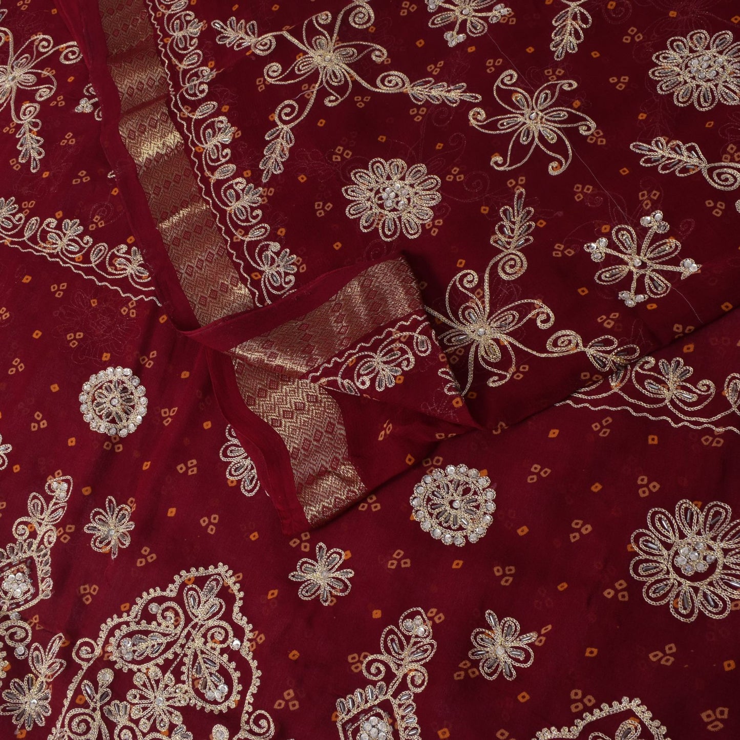 Sanskriti Vintage Red Pure Georgette Saree Hand Beaded Bandhani Sari 5.5YD Craft